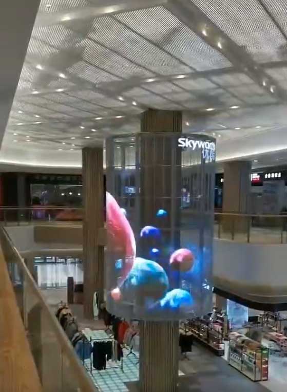 led格柵透明屏商場內部圓柱案例