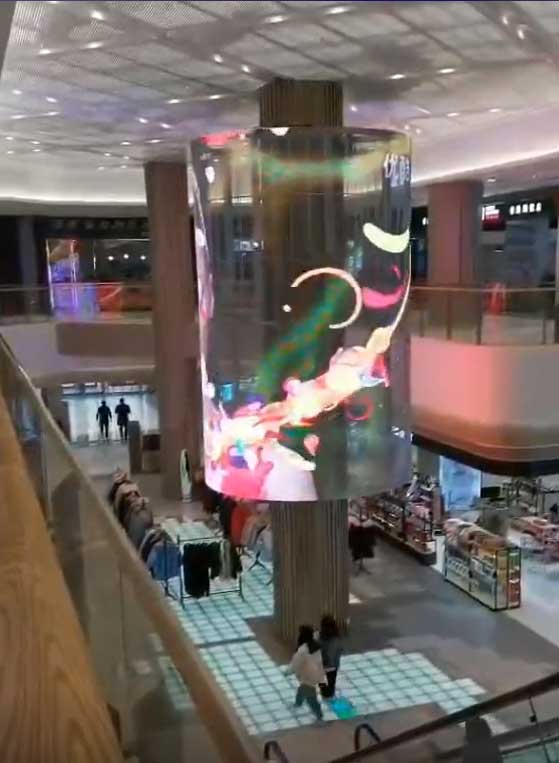 led格柵透明屏商場內(nèi)部圓柱案例